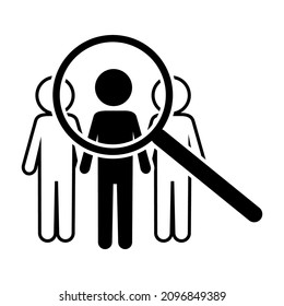 Search people icon. Magnifying glass sign. Individual man. Flat element. Simple design. Vector illustration. Stock image. 