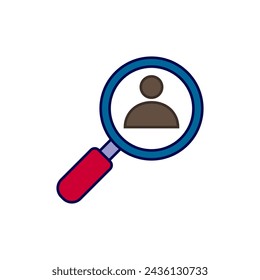 Search people icon. Man inside a magnifying glass. Color vector.