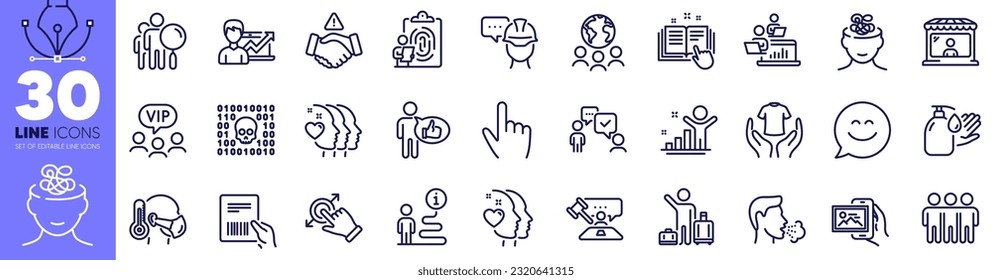 Search people, Support and Winner line icons pack. Technical documentation, Hold t-shirt, Friendship web icon. Teamwork, Friends couple, Smile chat pictogram. Judge hammer, Foreman. Vector