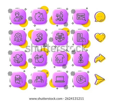 Search people, Wash t-shirt and Juice line icons. App 3d buttons. Social media comment, share, like icons. Pack of Notebook, Website search, Cashback icon. Vector