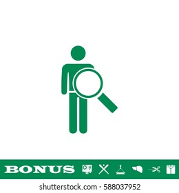 Search person icon flat. Green pictogram on white background. Vector illustration symbol and bonus button