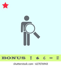 Search person icon flat. Grey pictogram on blue background. Vector illustration symbol and bonus buttons medal, cow, earth, eye, calculator