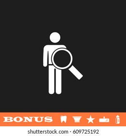 Search person icon flat. White pictogram on black background. Vector illustration symbol and bonus button tooth, vase, star, mirror, bottle