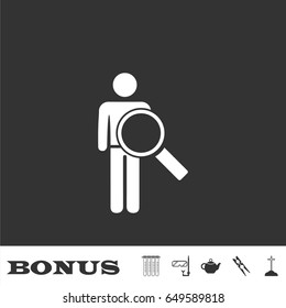 Search person icon flat. White pictogram on black background. Vector illustration symbol and bonus icons