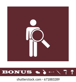 Search person icon flat. White pictogram on brown background. Vector illustration symbol and bonus icons