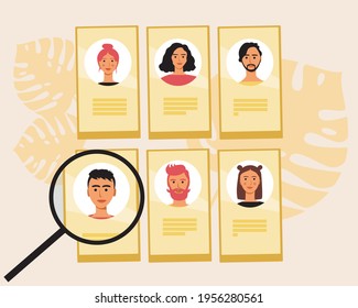 Search for a person online. Flat vector stock illustration. Smartphones and social media profiles. Find an employee, professional. People search internet concept. Isolated illustration