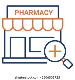 Search Pharmacy By Location Icon Design. Representing Pharmacy Location. Search By Location. Find Pharmacies. Pharmacy Finder. Vector icon.