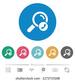 Search phone number flat white icons on round color backgrounds. 6 bonus icons included.