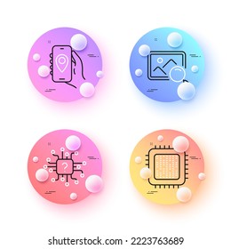 Search photo, Cpu processor and Location app minimal line icons. 3d spheres or balls buttons. Artificial intelligence icons. For web, application, printing. Vector