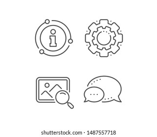 Search photo line icon. Chat bubble, info sign elements. Find image or picture sign. Linear search photo outline icon. Information bubble. Vector