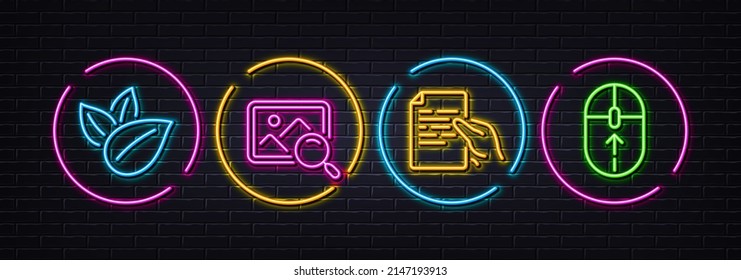 Search photo, Organic product and Hold document minimal line icons. Neon laser 3d lights. Swipe up icons. For web, application, printing. Find image, Leaves, Page file. Scrolling page. Vector