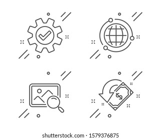 Search photo, Service and Globe line icons set. Cashback sign. Find image, Cogwheel gear, Internet world. Receive money. Technology set. Line search photo outline icon. Vector