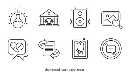 Search photo, Speakers and Marketing line icons set. Stop talking, Chemistry experiment and Court building signs. Medical drugs, Window cleaning symbols. Find image, Sound, Article. Vector