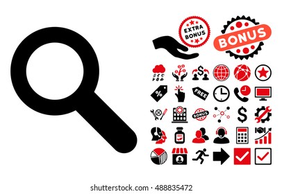 Search pictograph with bonus pictogram. Vector illustration style is flat iconic bicolor symbols, intensive red and black colors, white background.