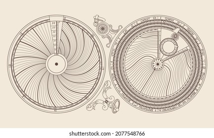 Search for the position of the planets in the zodiac circle. Vintage Instrument. Astronomy and history.
