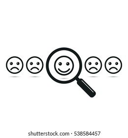 Search positive people concept. Magnifying glass with positive and negative emoticon or smiley. Vector illustration.