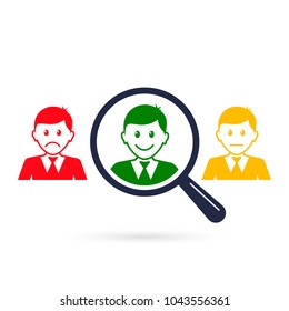 Search positive people employee concept. Magnifier with positive and negative man. Vector illustration.