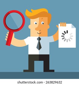 Search in process.  Business man with magnifier glass and preloader icon. flat vector illustration.
