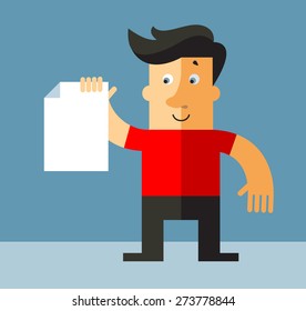 Search in process.  Business man with magnifier glass and blank sheet. flat vector illustration.
