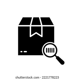 Search Product Bar Code on Cardboard Package Silhouette Icon. Browse Tracking Number Glyph Pictogram. Find Unique Barcode on Parcel Box with Magnifier Scanner Icon. Isolated Vector Illustration.