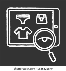 Search product chalk icon. E commerce client doing purchases in internet store. Customer searching goods in online application. Consumerism and merchandise. Isolated vector chalkboard illustration