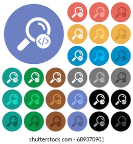 Search programming code multi colored flat icons on round backgrounds. Included white, light and dark icon variations for hover and active status effects, and bonus shades on black backgounds.