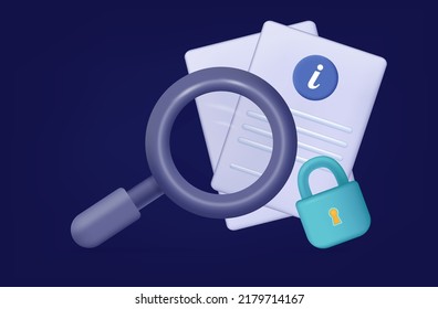 Search for prohibited information 3d. Paper page with lock. Confidential data. The concept of protection, safe storage, security policy, private file. Restriction of access, login, password. Vector.