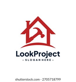 Projektlogo-Designvorlage mit Haus und Hammer suchen. Konzept der professionellen Personalvermittlungsagentur Logo Vektor