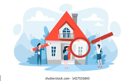 Search property with magnifying glass. Idea of real estate and mortgage. Buying apartment. Vector illustration in cartoon style