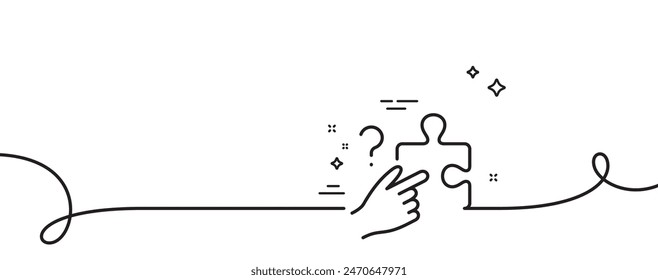 Search puzzle line icon. Continuous one line with curl. Jigsaw piece with Question sign. Find solution symbol. Search puzzle single outline ribbon. Loop curve pattern. Vector