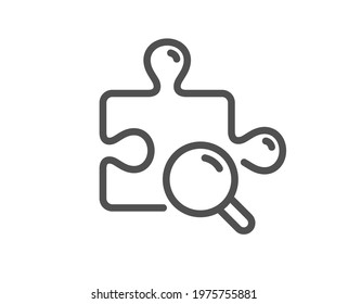 Search puzzle line icon. Jigsaw piece sign. Find solution symbol. Quality design element. Linear style search puzzle icon. Editable stroke. Vector