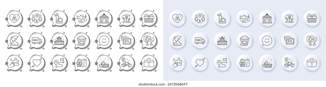 Search puzzle, Say yes and Present line icons. White pin 3d buttons, chat bubbles icons. Pack of Circus tent, Popcorn, Journey icon. Puzzle, Smile chat, Gift pictogram. Vector