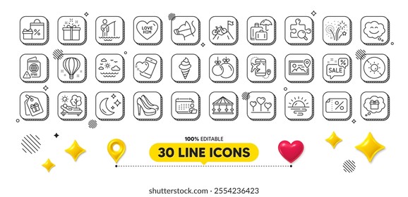 Search puzzle, Shoes and Accounting line icons pack. 3d design elements. Moon, Lounger, Carousels web icon. Flight destination, Fisherman, Travel sea pictogram. Smile chat, Love him, Sunrise. Vector