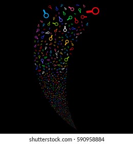Search random fireworks stream. Vector illustration style is flat bright multicolored iconic symbols on a black background. Object fountain combined from scattered design elements.