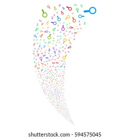 Search random fireworks stream. Vector illustration style is flat bright multicolored iconic symbols on a white background. Object fountain constructed from scattered icons.