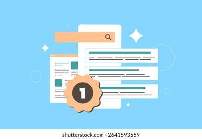 Search ranking and featured snippets in AI-powered search with zero-click results. Programmatic SEO strategy and top position in SGE environment. Clean wide search ranking flat vector illustration