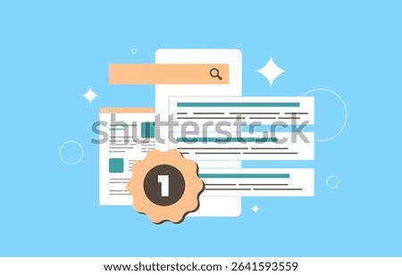 Search ranking and featured snippets in AI-powered search with zero-click results. Programmatic SEO strategy and top position in SGE environment. Clean wide search ranking flat vector illustration