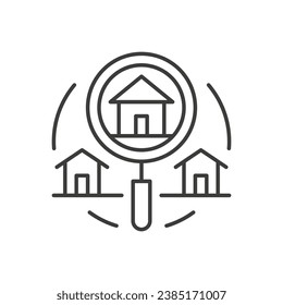 Search real estate for buy sale rent thin line art icon vector illustration. Choosing house cottage residential apartment home property location with magnifying glass commercial agency pictogram