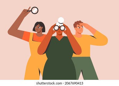 Search, recruitment, business strategy concept. Group of people looking in binoculars, magnifying glass. Exploring opportunity, predicting future, forecasting. Isolated flat vector illustration