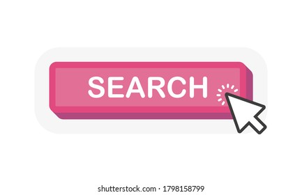 SEARCH red 3D button with mouse pointer clicking. White background. Vector illustration.