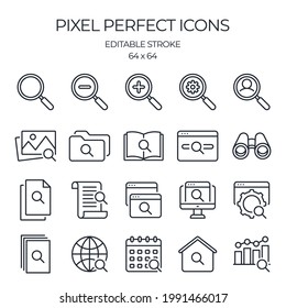 Search related editable stroke outline icons set isolated on white background flat vector illustration. Pixel perfect. 64 x 64.