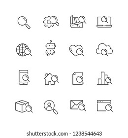 Search related icons: thin vector icon set, black and white kit