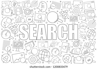 Search related from line icon with word. Linear vector pattern. Vector illustration