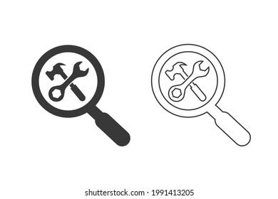 Search repair and maintenance car service station, icon vector set. Crossed tools symbol with magnifying glass. Vector isolated illustration