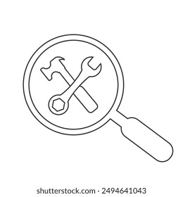 Search repair and maintenance car service station, vector. Crossed tools symbol with magnifying glass. Vector isolated illustration