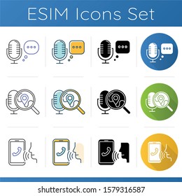 Search request icons set. Microphone using modes. Modern audio equipment. Audio control application. Music recording technology. Linear, black and color styles. Isolated vector illustrations