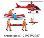 search and rescue agent team saving evacuation danger flood stretcher save life-saver help victim put in floating boat and helicopter