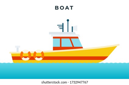 Search and rescue boat with a white cabin, lifebuoys vector icon flat isolated.