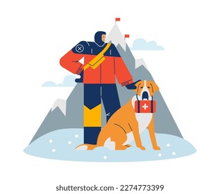 Search and rescue dog in snowy mountains, flat vector illustration isolated on white background. Assistance dog hiking with man in the mountains.