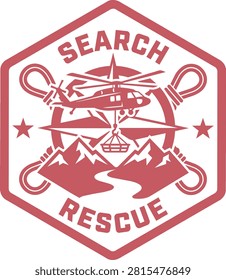 Search and rescue helicopter emblem vector graphic. Features a helicopter, mountains, and rope elements isolated on a white background. Perfect for emergency services and professional rescue branding.
